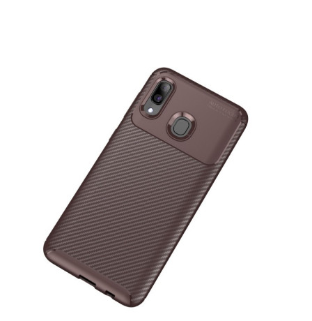 Ударозащитный карбоновый чехол Beetle Series Carbon Fiber Texture на Samsung Galaxy A30-коричневый