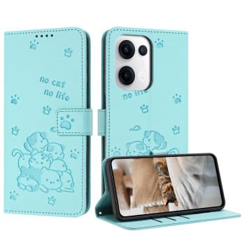 Чехол-книжка Embossed Kitten Phone Leather для OPPO Reno13 5G Global - зеленый