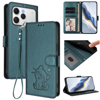 Чехол-книжка Escase с рельефным котом и ремешком на Tecno Spark 40 4G — тёмно-зелёный