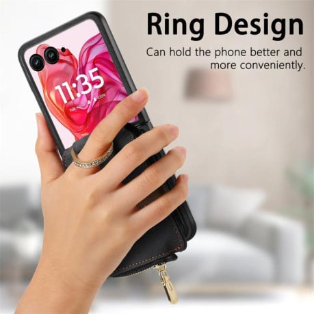 Чехол Cross Leather Ring Vertical Zipper Wallet для Motorola Razr 60 Ultra - черный