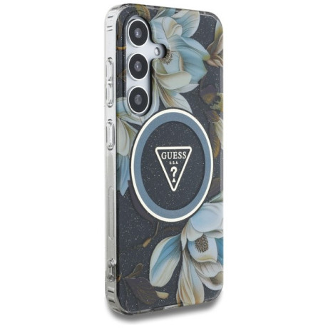 Оригинальный чехол Guess Glitter Flowers Triangle Buttons MagSafe для Samsung Galaxy S25 - black