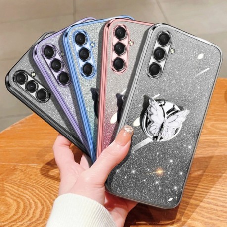 Противоударный чехол Plated Gradient Glitter Butterfly Holder для Samsung Galaxy A16 5G - розовый