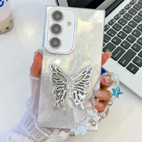 Противоударный чехол Plating Glitter Lens Film Texture Butterfly Holder Wristband для Samsung Galaxy S25 5G - White Tinfoil Texture