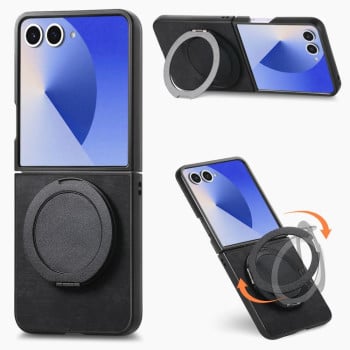 Чехол Retro Leather Rotation Round Holder с поворотным круглым держателем на Samsung Galaxy Flip8 5G — чёрный