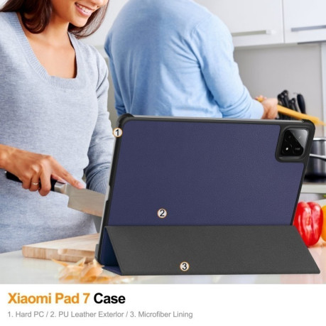 Чехол Custer Texture Three-folding Sleep/Wake-up для Xiaomi Pad 7 / 7 Pro- черный - синий
