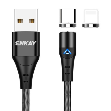 Магнитный Кабель ENKAY 2 in 1 3A USB to 8 Pin + Type-C Magnetic Fast Charging Data Cable, Length:2m - черный
