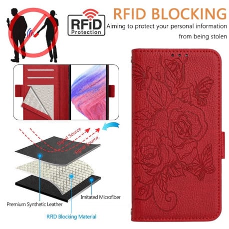 Чехол-книжка Embossed Rose RFID Anti-theft Leather для OnePlus Nord N30 SE 5G - красный