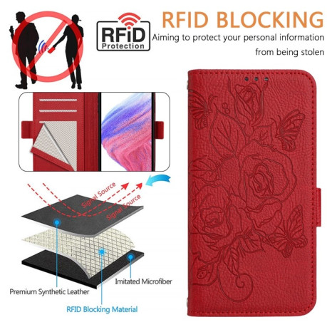 Чехол-книжка Embossed Rose RFID Anti-theft Leather для Realme GT 7 Pro 5G - красный