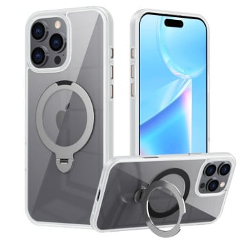 Ударозащитный чехол Transparent MagSafe Magnetic Rotating Ring Holder на  iPhone 16 Pro - белый