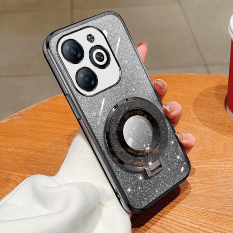 Противоударный чехол Plated Gradient Glitter Round Holder для Infinix Smart 8  - черный