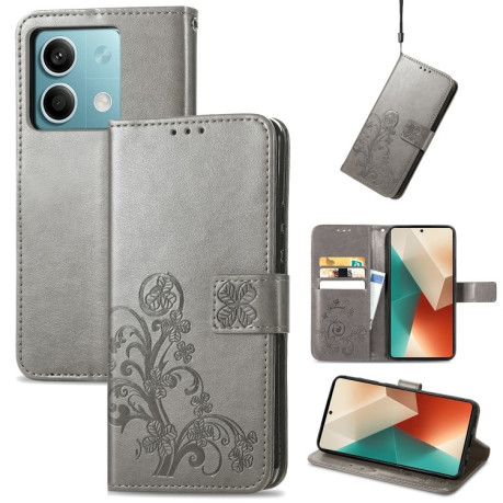 Чехол-книжка Four-leaf Clasp Embossed на Xiaomi Redmi Note 13 5G - серый