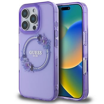Оригинальный чехол Guess IML Flowers Wreath MagSafe для iPhone 16 Pro - Purple