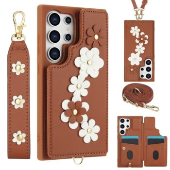 Чохол Crossbody Flower Pattern Leather  для Samsung Galaxy S25 Ultra 5G - коричневий