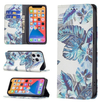 Чехол-книжка Colored Drawing Pattern Invisible для iPhone 13 mini - Blue Leaves