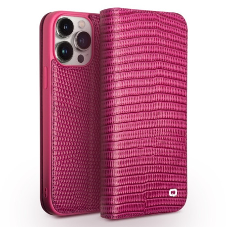 Кожаный чехол-книжка QIALINO Crocodile Texture для iPhone 15 Pro Max - пурпурно-красный