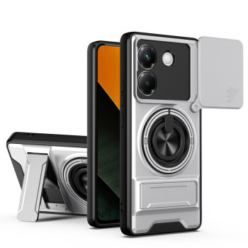 Противоударный чехол Lens Sliding Window Multifunctional Magnetic Shockproof со шторкой камеры на Xiaomi Poco M7 Pro 5G — титаново-серый