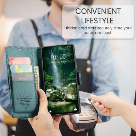 Чехол-книжка CaseMe 023 Butterfly Buckle Litchi Texture RFID Anti-theft Leather для Xiaomi Poco F7 Pro / F7 Ultra - зеленый