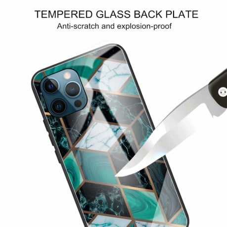 Противоударный стеклянный чехол Marble Pattern Glass на iPhone 13 Pro Max - Rhombus Dark Green