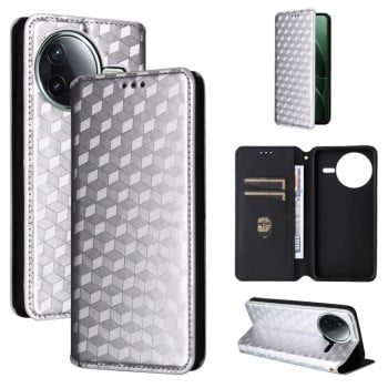 Чехол-книжка Cubic Grid Calf Texture для Xiaomi Poco F7 Pro / F7 Ultra - сріблистий