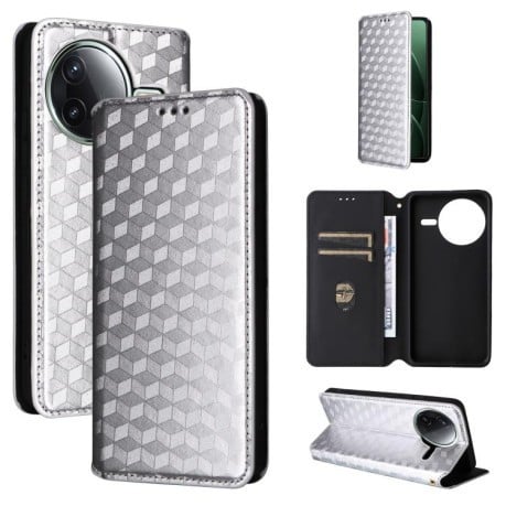 Чехол-книжка Cubic Grid Calf Texture для Xiaomi Poco F7 Pro / F7 Ultra - серебристый