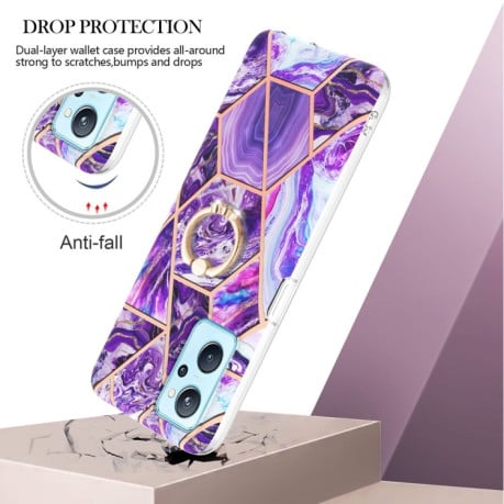 Противоударный чехол Electroplating Marble with Ring Holder для Realme 9i/OPPO A76/A96 - фиолетовый