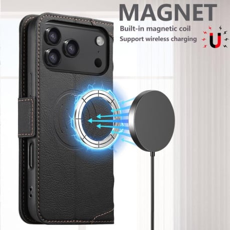 Чехол-книжка SUTENI J07 Multifunctional с Magsafe и магнитным хлястиком на iPhone 17 Pro Max - черный