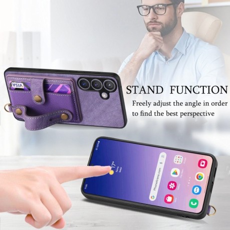 Противоударный чехол Retro Cross Wristband Wallet Leather для Samsung Galaxy S24 5G - фиолетовый