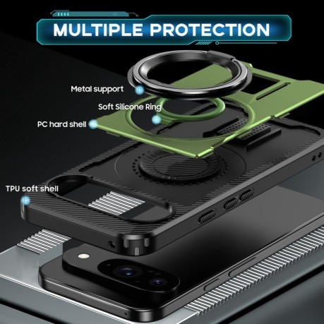 Протиударний чохол Ring Holder Carbon Fiber PC Hybrid TPU для Google Pixel 9/9 Pro - зелений