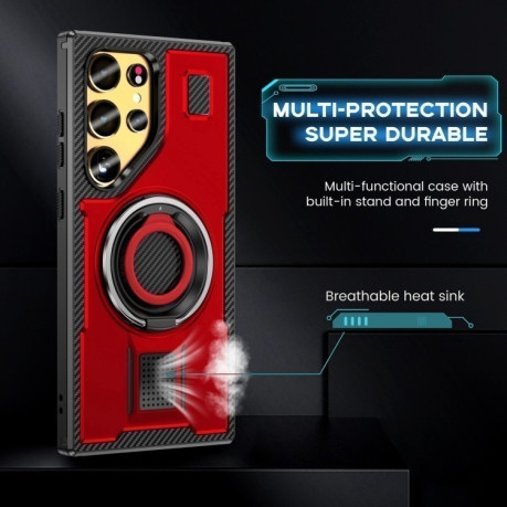 Протиударний чохол Ring Holder Carbon Fiber PC Hybrid TPU  для Samsung Galaxy S25 Ultra 5G - червоний
