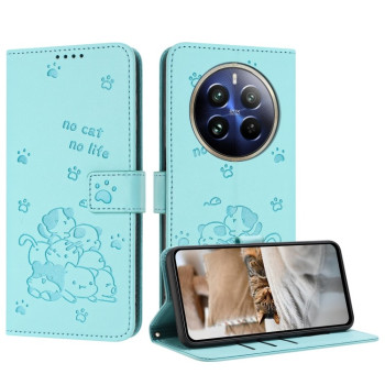Чехол-книжка Embossed Kitten Phone Leather для Realme 12+ 5G/12 4G/13 4G - зеленый