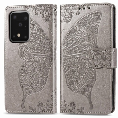 Чехол-книжка Butterfly Love Flower Embossed  на Samsung Galaxy S20 Ultra- Lanyard(Gray)
