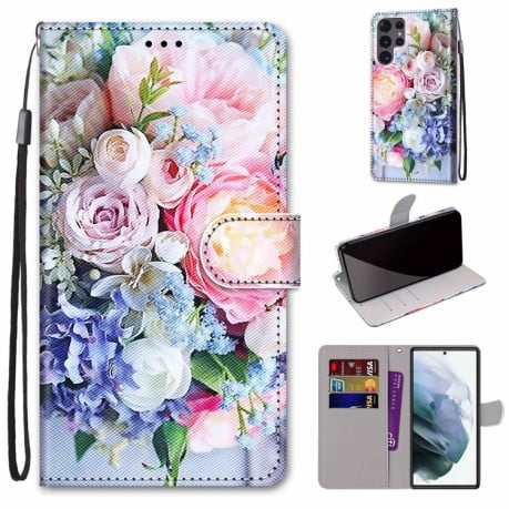 Чехол-книжка Coloured Drawing Cross для Samsung Galaxy S22 Ultra 5G - Light Pink Bouquet