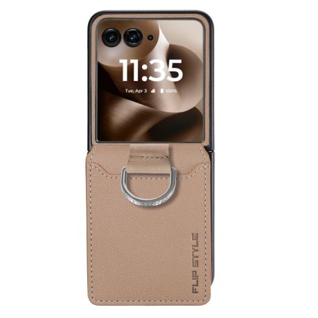 Противоударный чехол Litchi Texture Leather Ring Wallet  на Motorola Razr 60 Ultra - хаки