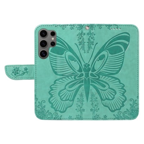 Чехол-книжка Swallowtail Butterfly Embossed Leather для Samsung Galaxy S25 Ultra 5G - зеленый