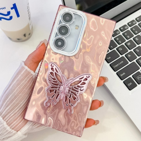 Противоударный чехол Plating Glitter Texture Butterfly для Samsung Galaxy S25+ 5G - Pink Wrinkles