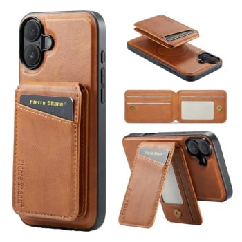 Чехол Fierre Shann Oil Wax Cow Leather Magnetic Card Holder на iPhone 16 - коричневый