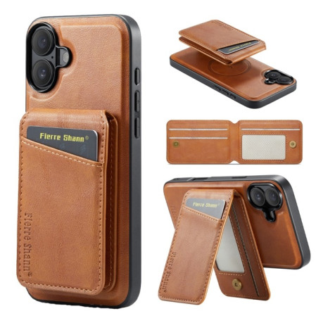 Чехол Fierre Shann Oil Wax Cow Leather Magnetic Card Holder на iPhone 16 Plus - коричневый