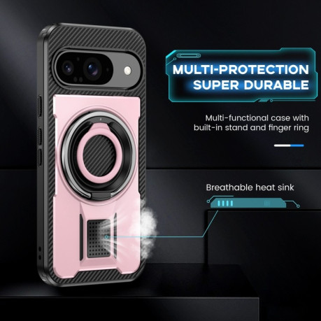 Противоударный чехол Ring Holder Carbon Fiber PC Hybrid TPU для Google Pixel 9 / 9 Pro - розовое золото