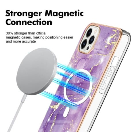 Противоударный чехол Marble Pattern Dual-side IMD Magsafe для iPhone 15 Pro Max - фиолетовый