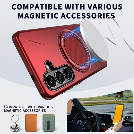 Чехол Metal Rotation Holder MagSafe TPU Hybrid PC с металлическим поворотным держателем и MagSafe для Samsung Galaxy S26+ 5G — красный