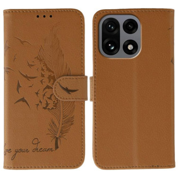 Чехол Escase с текстурой кожи и узором перьев на OnePlus 15 — коричневый