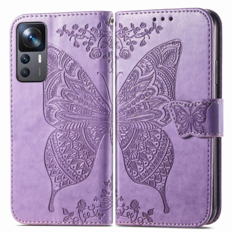 Чохол-книжка Butterfly Love Flower Embossed на Xiaomi 12T / 12T Pro / Redmi K50 - світло-фіолетовий