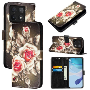 Чехол-книжка Colored Drawing Pattern Plain Weave Leather для Xiaomi 14T Pro - Roses On Black
