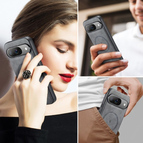 Чохол Fierre Shann Cowhide Texture MagSafe Magnetic для Google Pixel 9 Pro XL - сірий