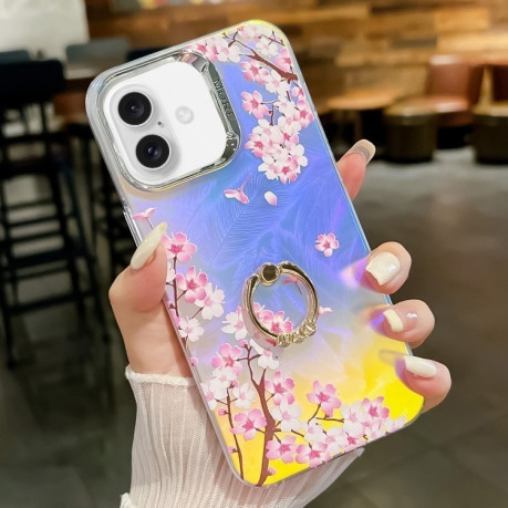 Противоударный чехол Electroplating Laser Flower Ring Holder TPU для iPhone 16 Plus - Peach Blossom