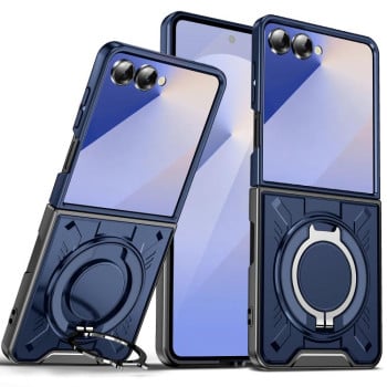 Ударозащитный чехол Transparent MagSafe Magnetic Rotating Ring Holder на Samsung Galaxy Flip 7 5G - синий