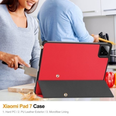 Чехол Custer Texture Three-folding Sleep/Wake-up для Xiaomi Pad 7 / 7 Pro- черный - красный