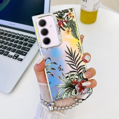 Чохол Electroplating Laser Flower Phone Case with Wrist Strap для Samsung Galaxy A35 5G - Leaves