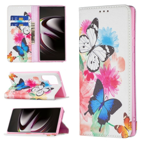 Чехол-книжка Colored Drawing Pattern Invisible для Samsung Galaxy S22 Ultra 5G - Two Butterflies
