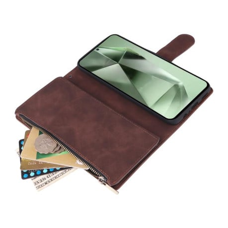 Чохол-книжка Multifunctional Frosted Zipper Wallet з матовою фактурою та ремінцем на Samsung Galaxy S25 FE 5G - кавовий